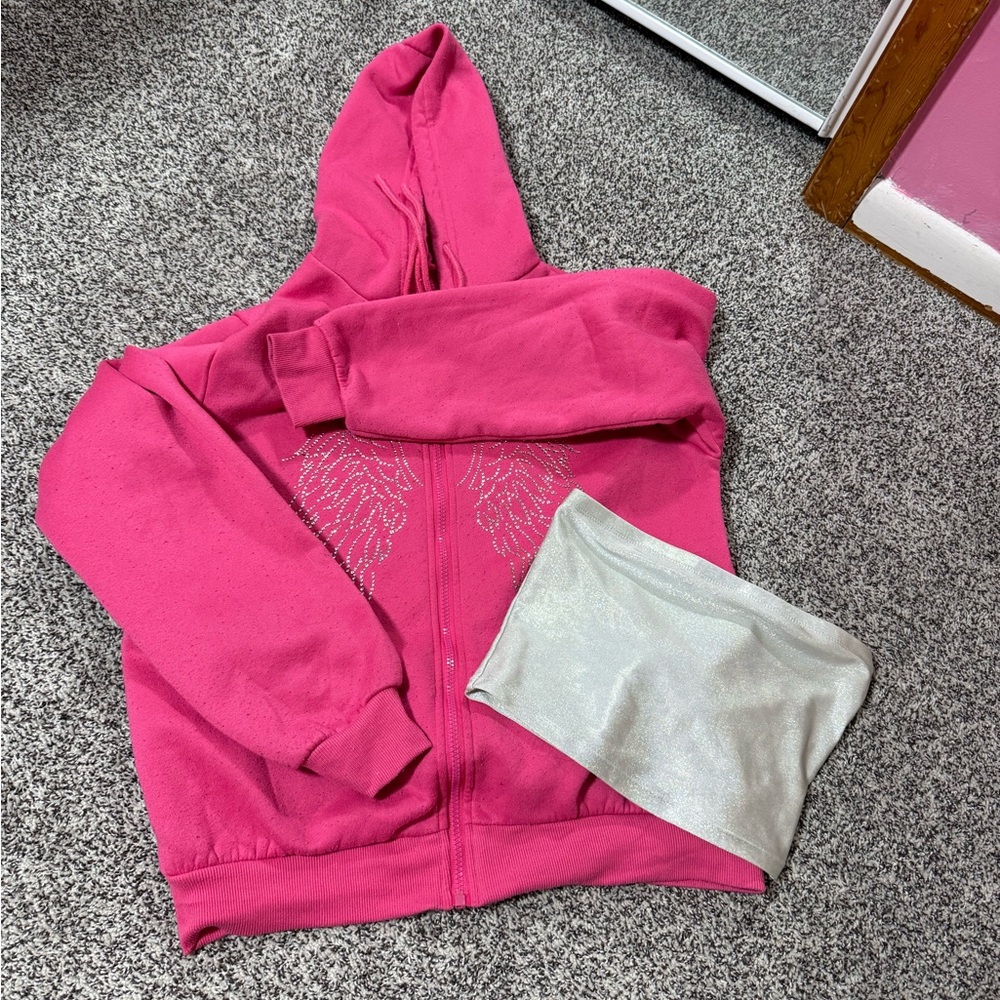 Hot Pink Zip-Up Hoodie with Rhinestone Wing Detail and tube top/skirt